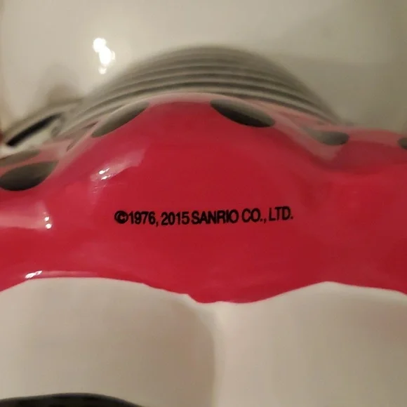 Hello Kitty Ceramic Coin Bank 8" Tall. Pink Polka Dot Skirt, Striped Blouse - Picture 6 of 10